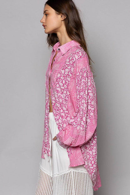 POL Button Down Long Sleeve Paisley Print Shirt for Women - Selvanelle