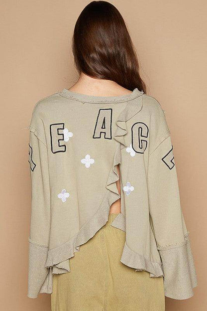 POL Peace Embroidered Exposed Seam Back Ruffle V-Neck Top - Selvanelle