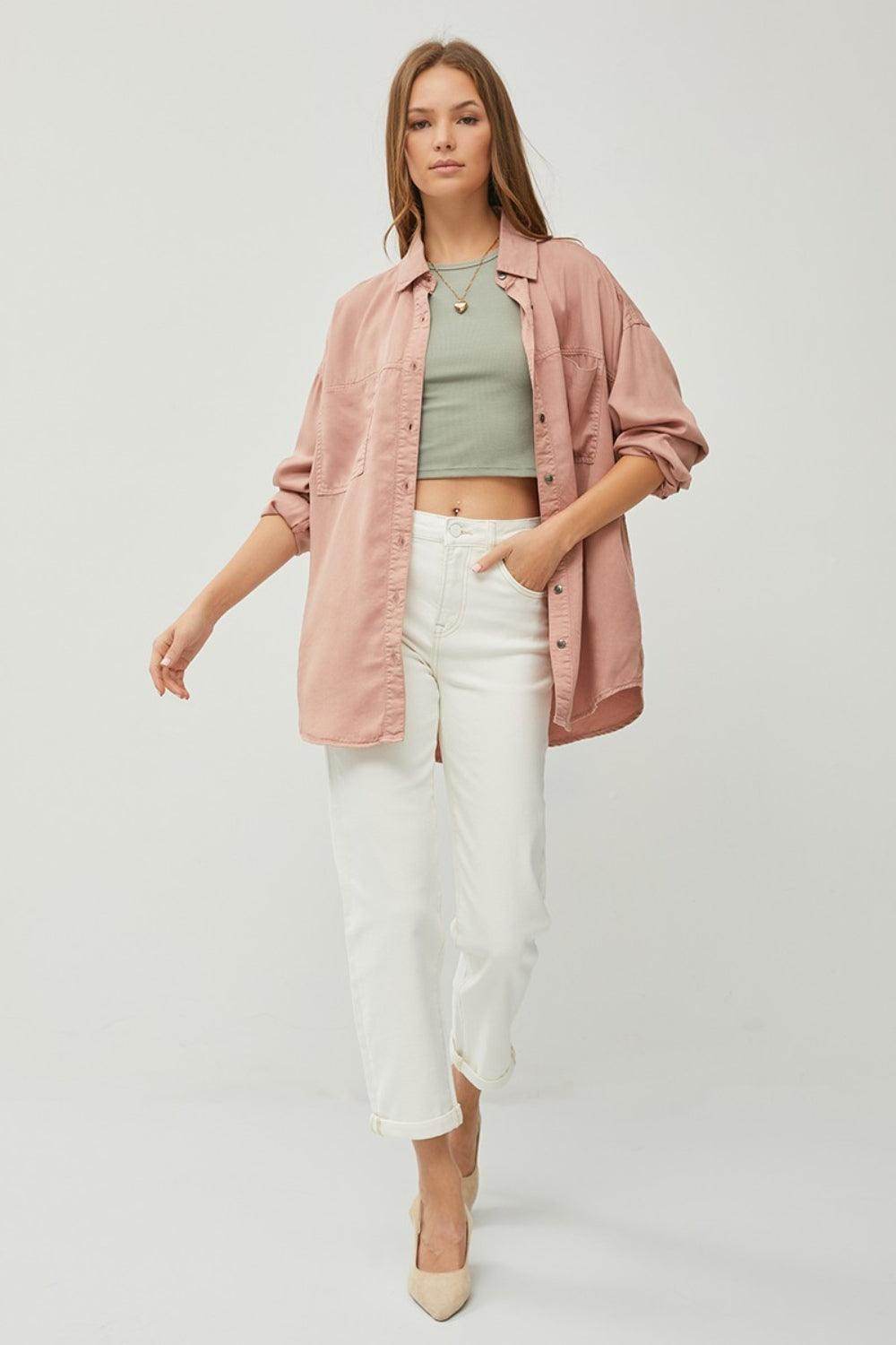 RISEN Full Size Button Up Long Sleeve Denim Shirt for Women - Selvanelle