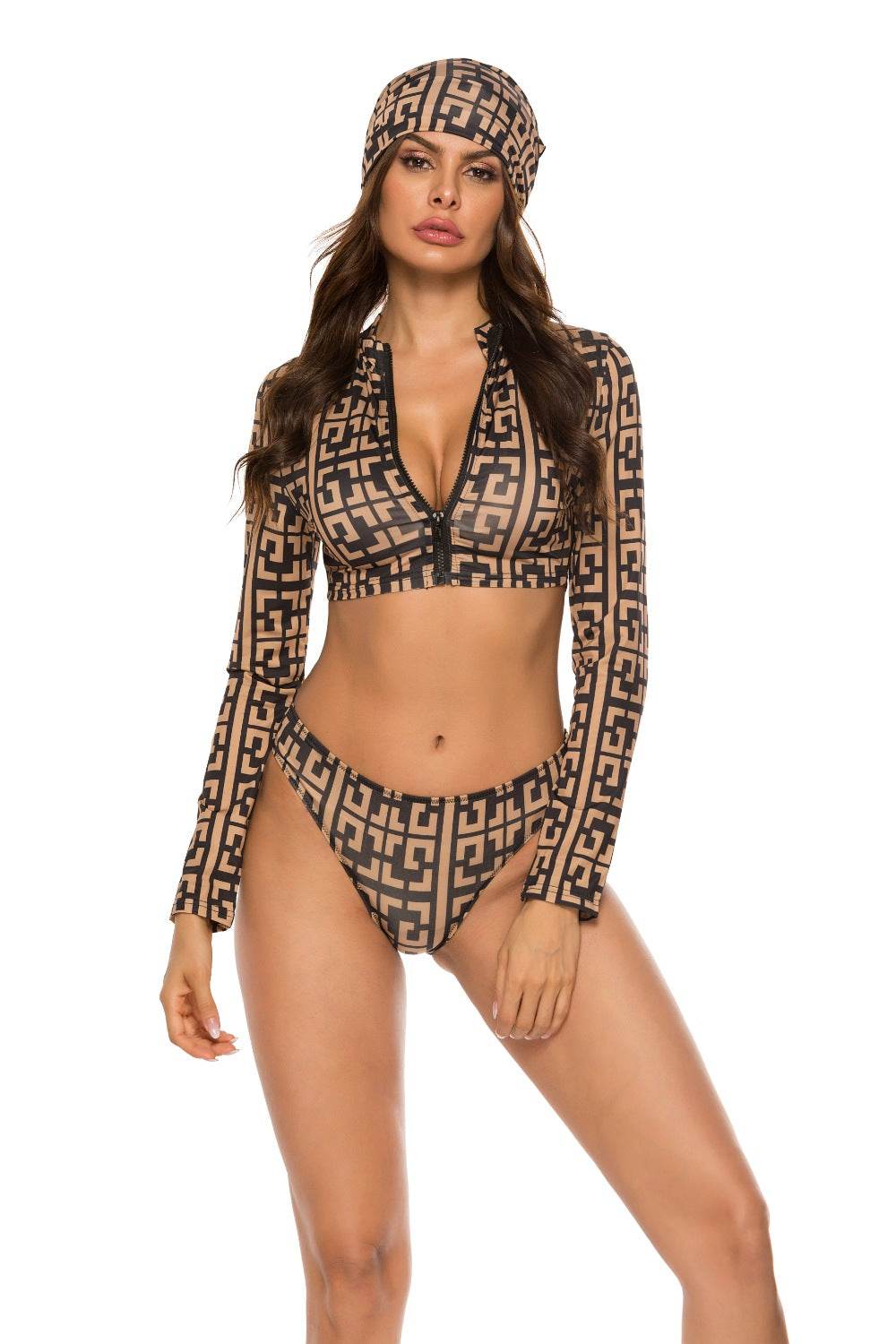 Printed Zip Up Three-Piece Swim Set - Selvanelle