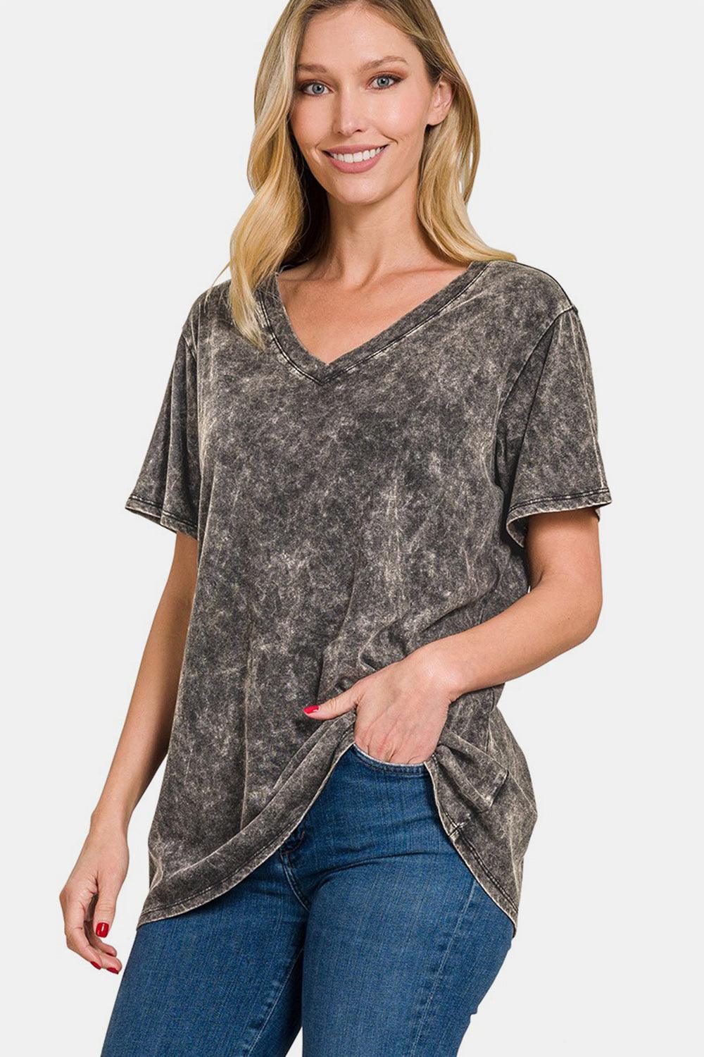 Zenana Full Size Washed Short Sleeve V-Neck T-Shirt for Women