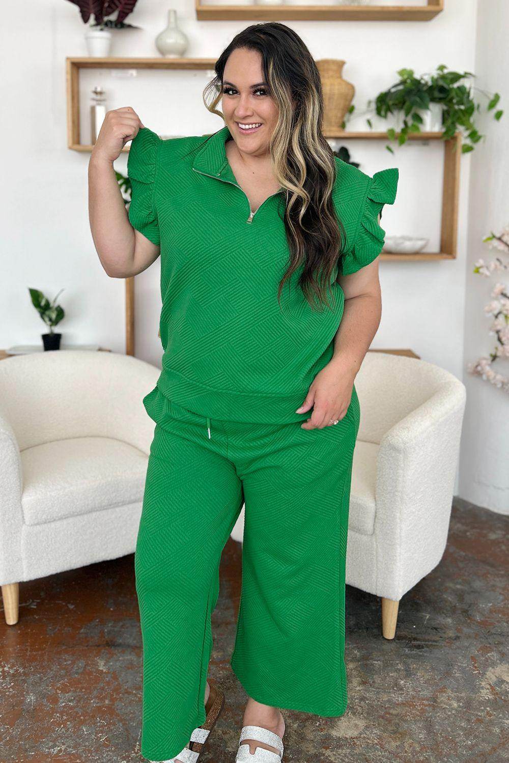 Double Take Texture Ruffle Short Sleeve Top and Pants Set - Selvanelle