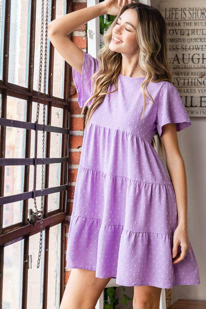 Heimish Full Size Swiss Dot Short Sleeve Tiered Dress - Selvanelle