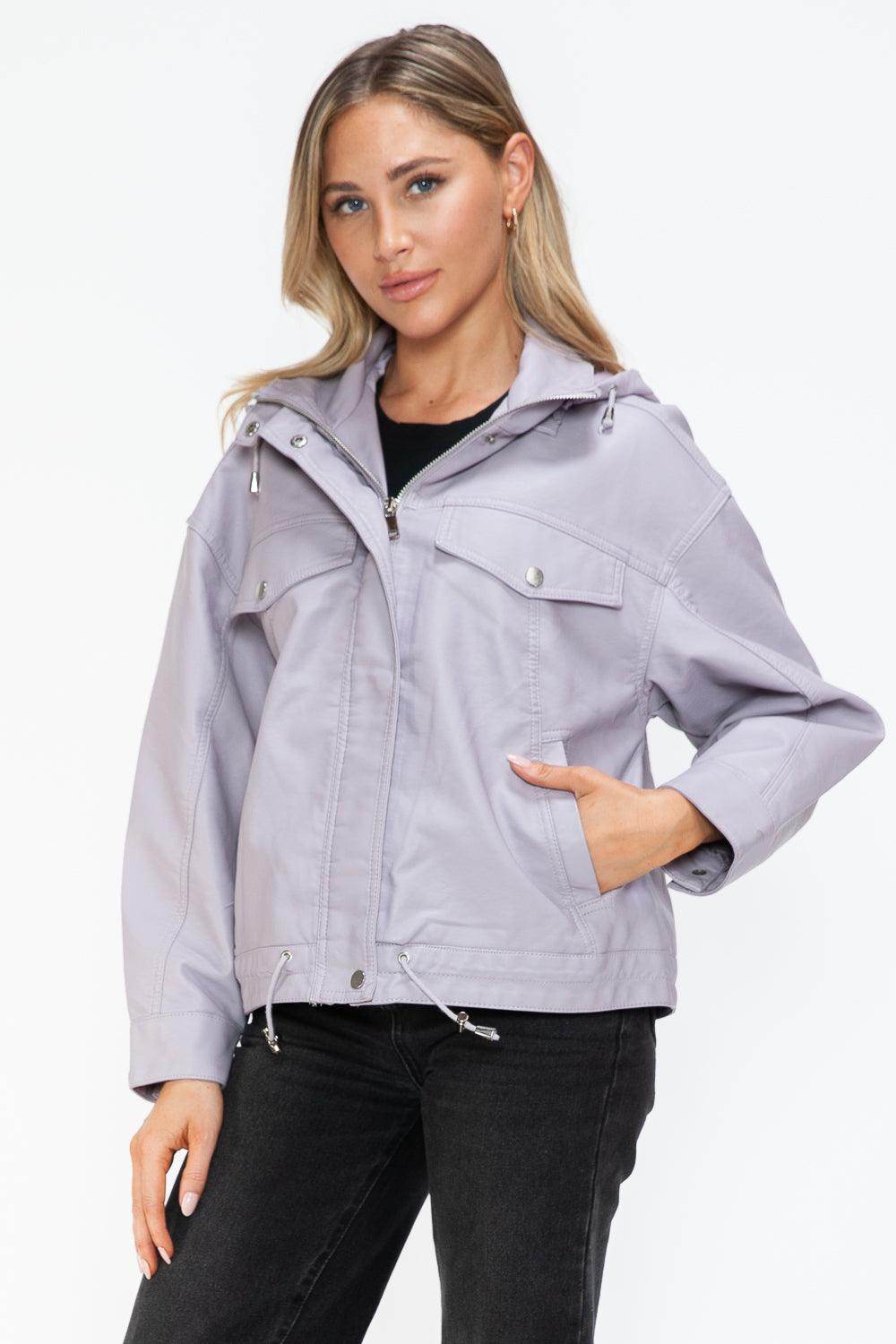 How Dare U Drawstring Hem PU Leather Zip Up Jacket Women - Selvanelle