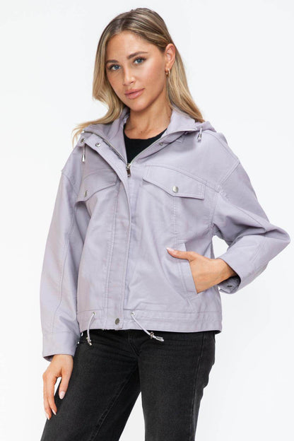 How Dare U Drawstring Hem PU Leather Zip Up Jacket Women - Selvanelle