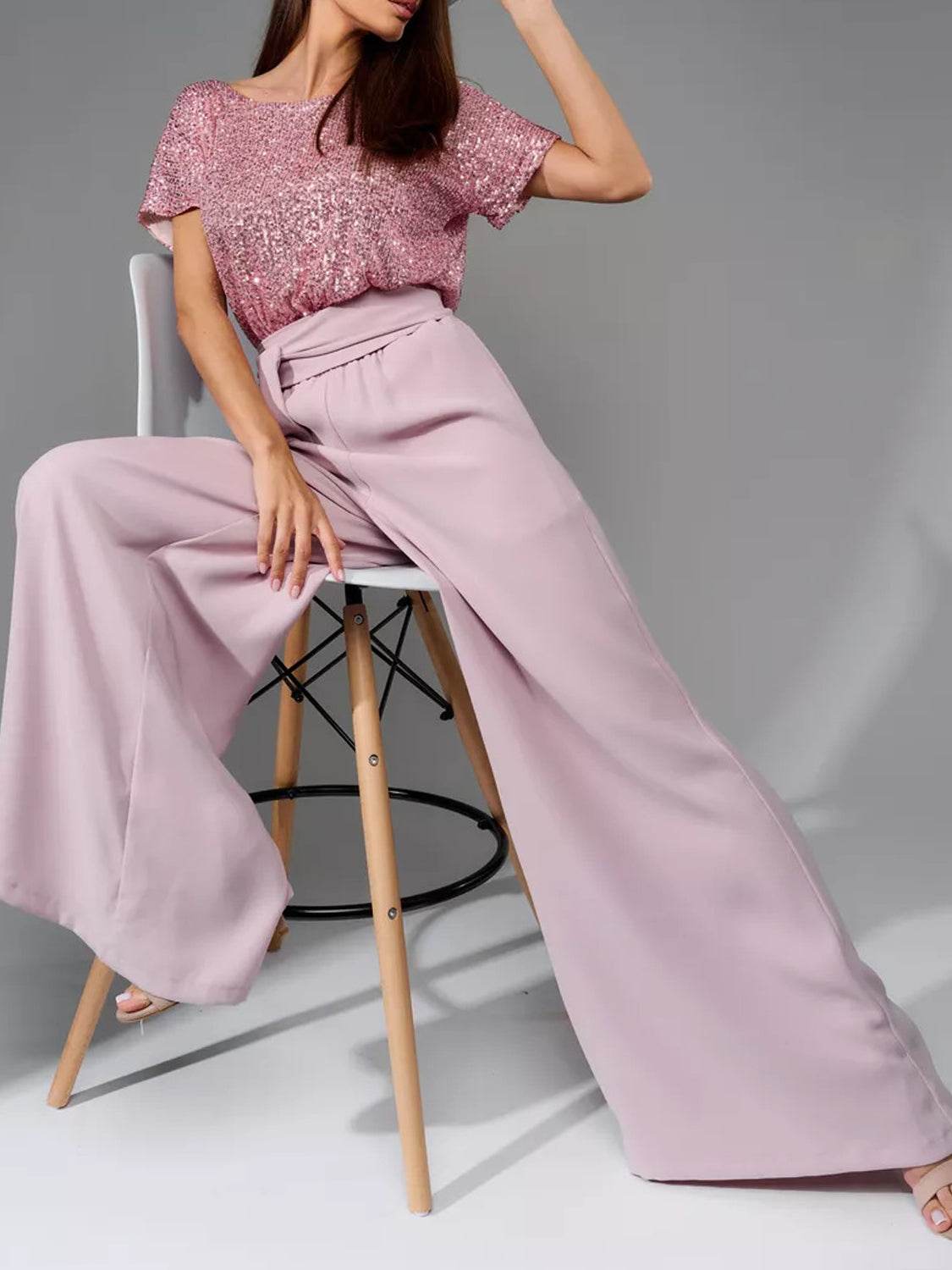 Full Size Sequin Round Neck Short Sleeve Wide Leg Jumpsuit - Selvanelle