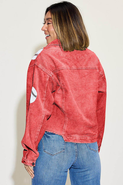 Baseball Sequin Dropped Shoulder Raw Hem Jacket for Women - Selvanelle