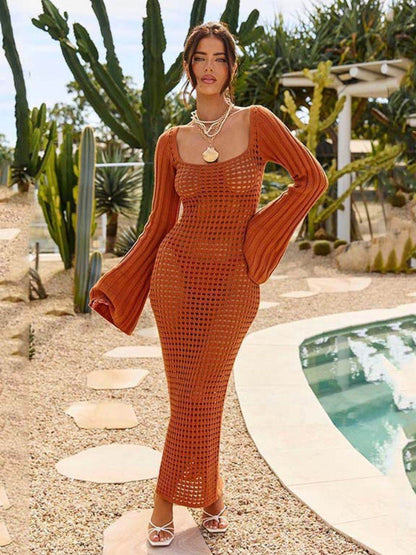 Openwork Square Neck Flare Sleeve Cover-Up Dress - Selvanelle