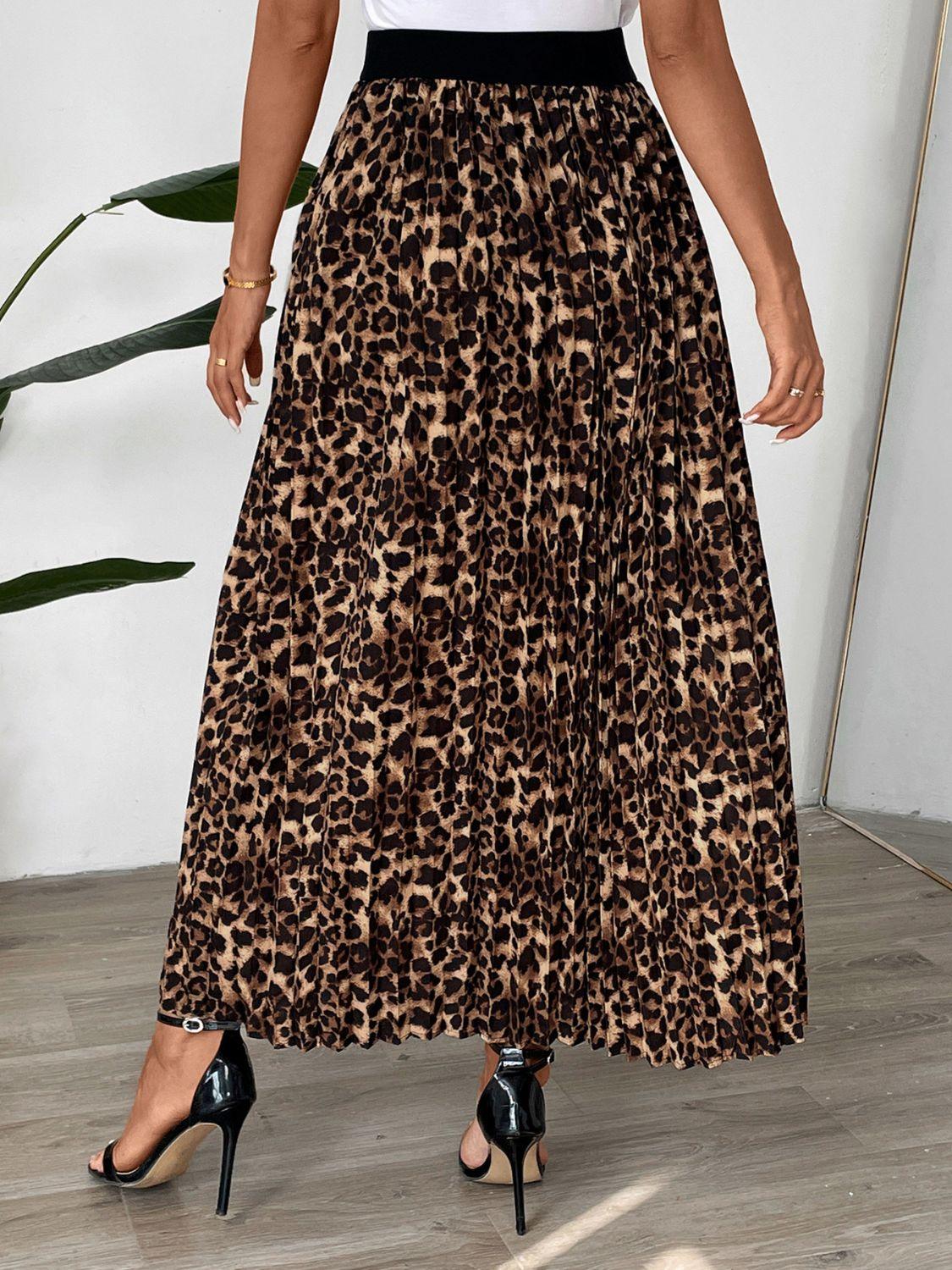 Perfee Pleated Leopard Maxi Skirt for Women Fashion Style