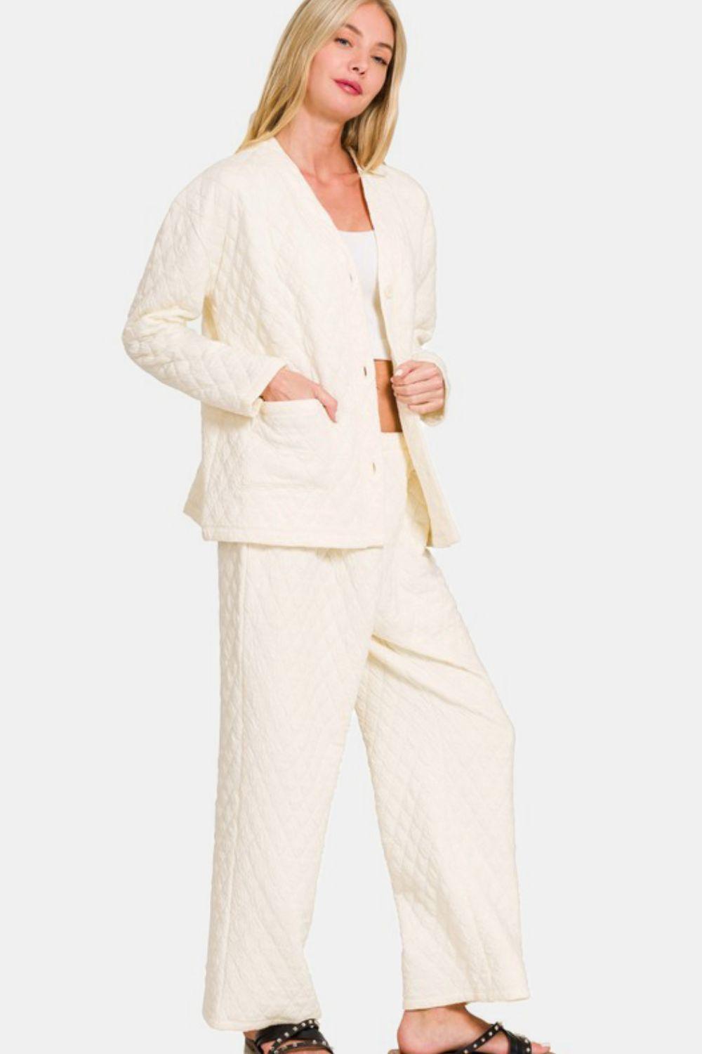 Zenana Quilted Button Up Long Sleeve Top and Pants Set