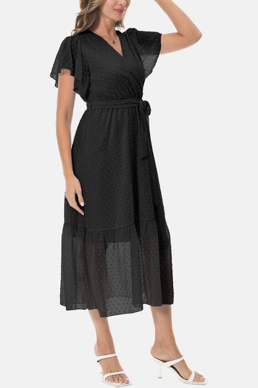 Surplice Neck Flutter Sleeve Tied Dress for Chic Style - Selvanelle
