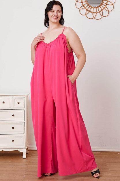 Double Take Full Size Ruffle Trim Tie Back Cami Jumpsuit - Selvanelle