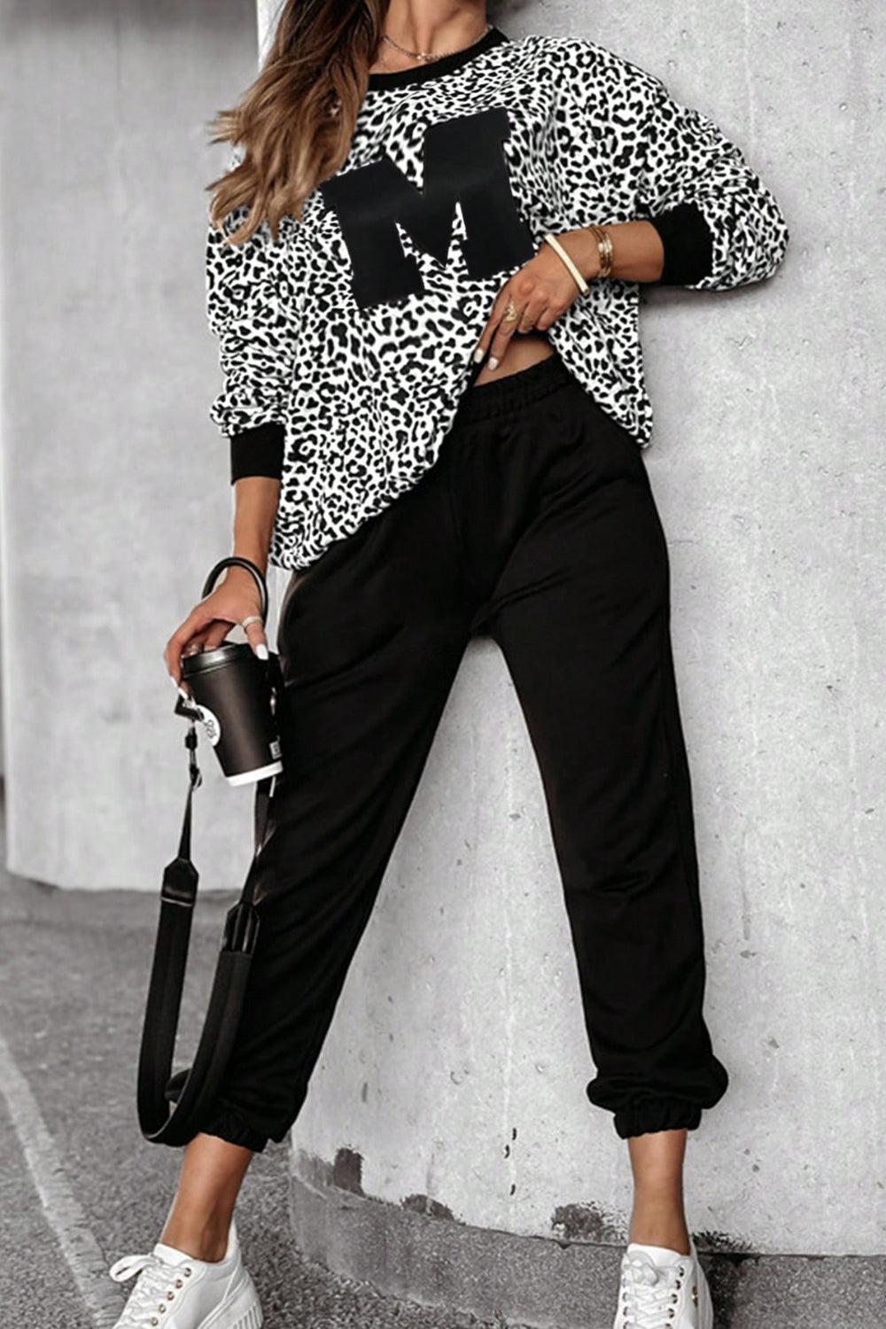 Letter M Leopard Round Neck Top and Pants Set for Women