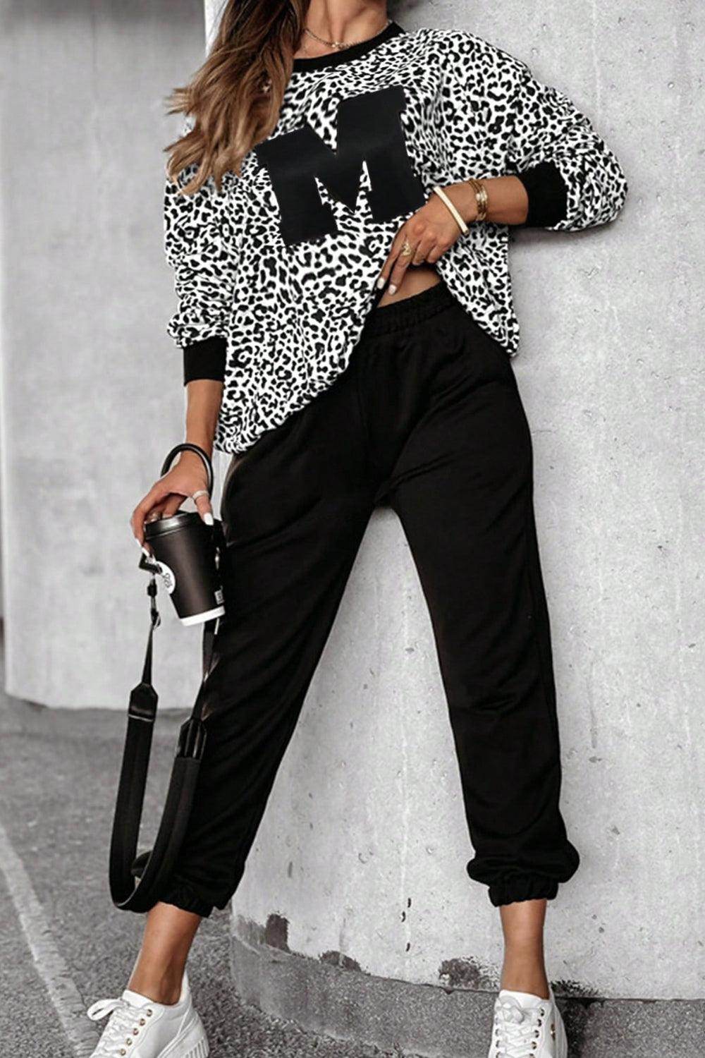 Letter M Leopard Round Neck Top and Pants Set for Women - Selvanelle