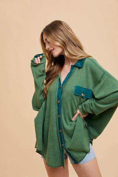 Annie Wear Waffle-Knit Mineral Washed Button Down Shirt - Selvanelle