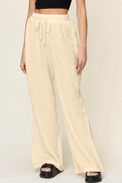 Double Take Full Size Texture Drawstring Wide Leg Pants - Selvanelle