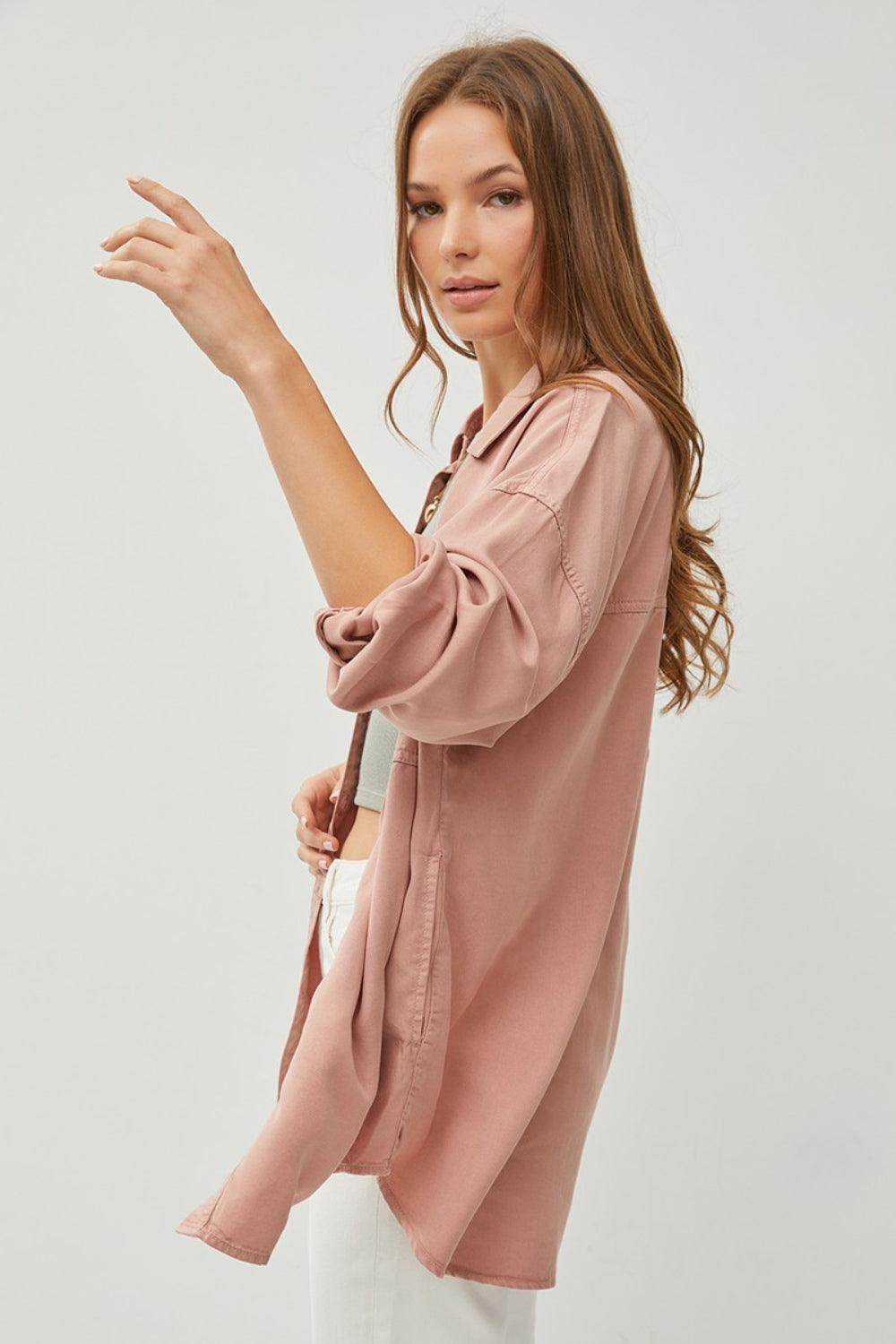 RISEN Full Size Button Up Long Sleeve Denim Shirt for Women - Selvanelle