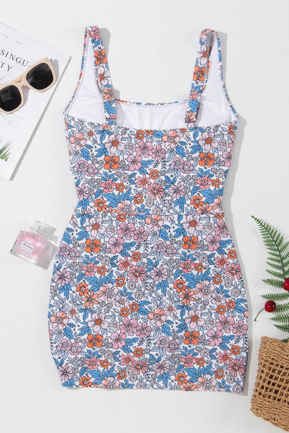 Drawstring Printed Wide Strap Swim Dress - Selvanelle