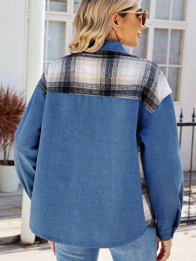 Plaid Button Up Long Sleeve Denim Jacket for Women - Selvanelle
