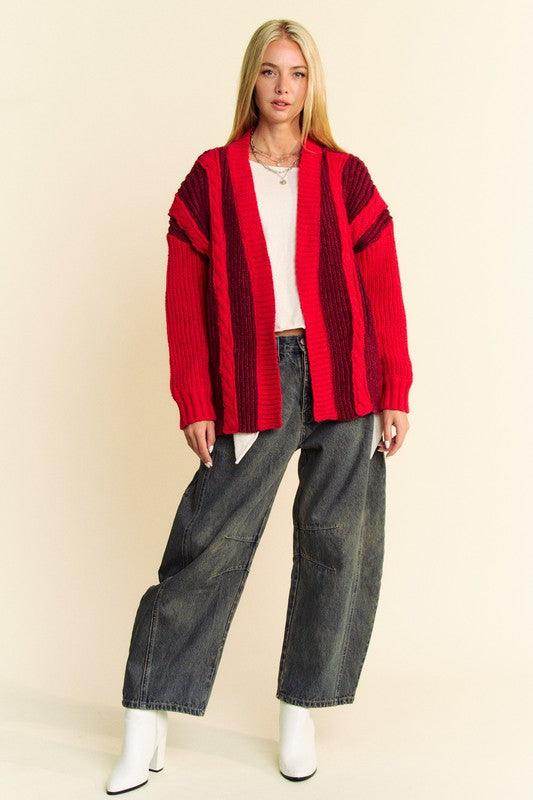 Davi & Dani Cable-Knit Color Block Open Front Cardigan Cozy - Selvanelle
