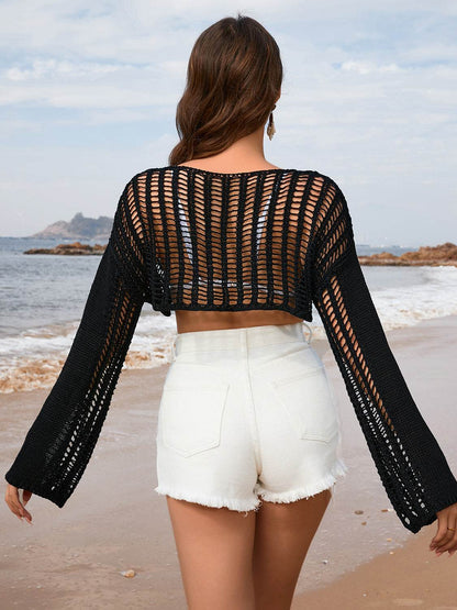 Openwork Boat Neck Long Sleeve Cover-Up - Selvanelle