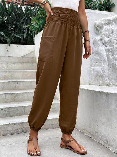Smocked High Rise Joggers with Pockets for Women - Selvanelle