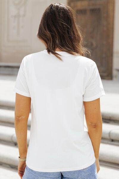 Sequin Football Round Neck Short Sleeve T-Shirt for Women - Selvanelle