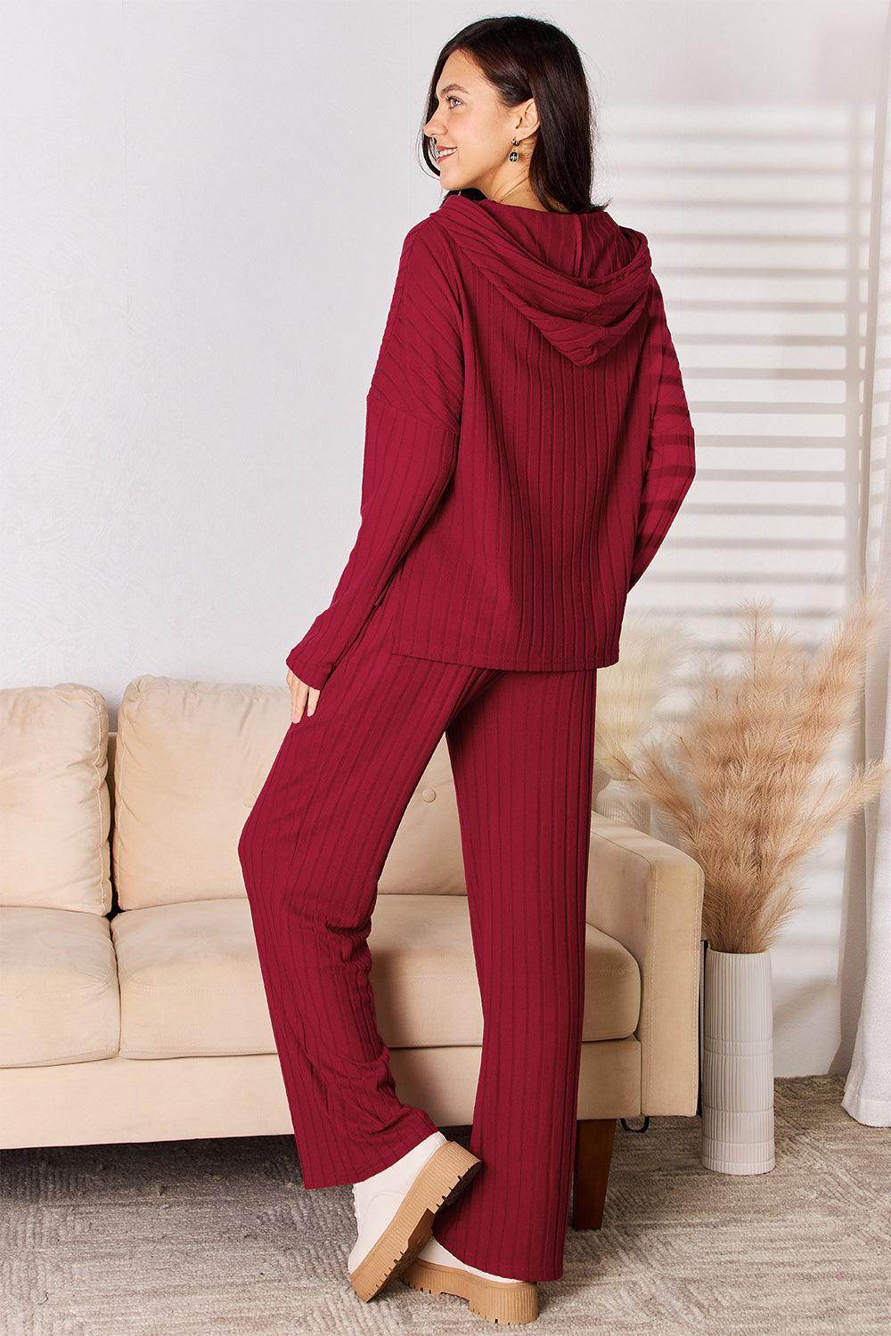 Basic Bae Full Size Ribbed Drawstring Hooded Top Set - Selvanelle