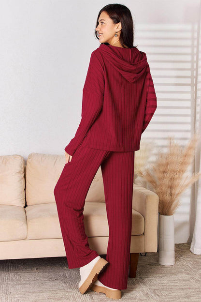 Basic Bae Full Size Ribbed Drawstring Hooded Top Set - Selvanelle