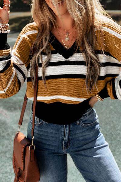 Contrast Stripes V Neck Long Sleeve Sweater for Women - Selvanelle