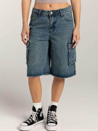 Mid-Rise Waist Denim Shorts with Pockets for Women - Selvanelle