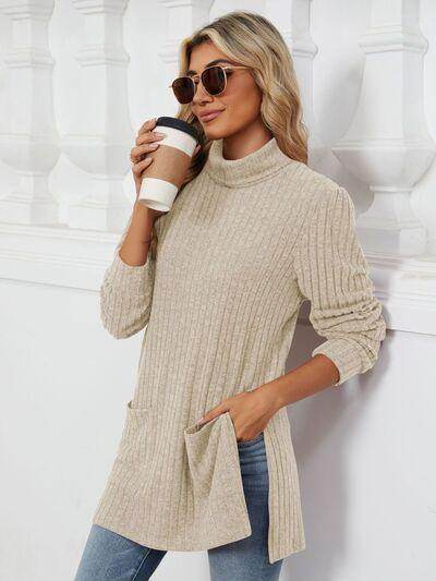Slit Mock Neck Long Sleeve T-Shirt for Women with Pocket - Selvanelle