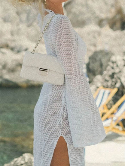 Slit Plunge Flare Sleeve Cover-Up Dress - Selvanelle