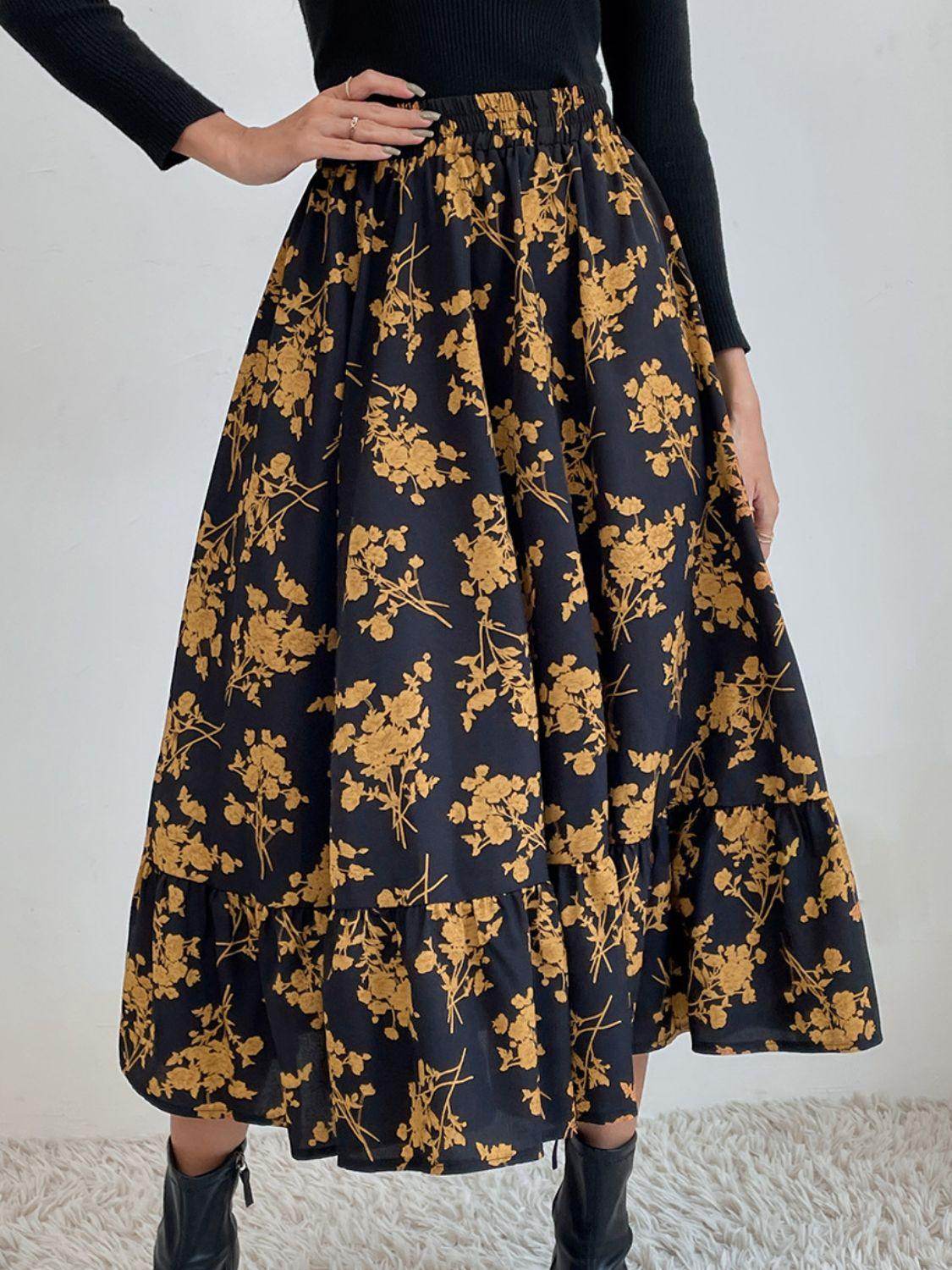 Stylish Printed Elastic Waist Midi Skirt for Everyday Wear - Selvanelle