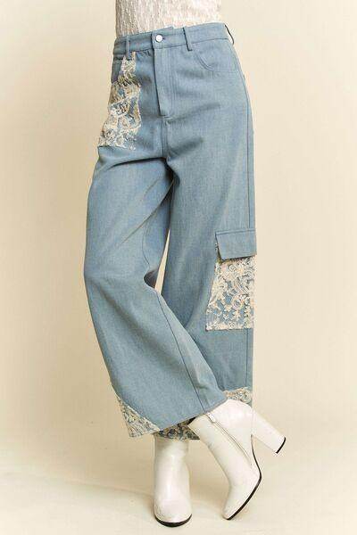 Davi & Dani Lace Applique Wide Leg Jeans for Women - Selvanelle