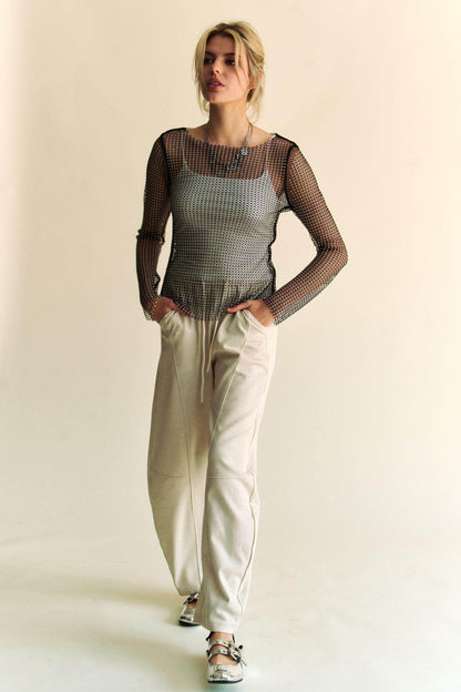Davi & Dani Sparkling Rhinestone Sheer Mesh Round Neck Top - Selvanelle