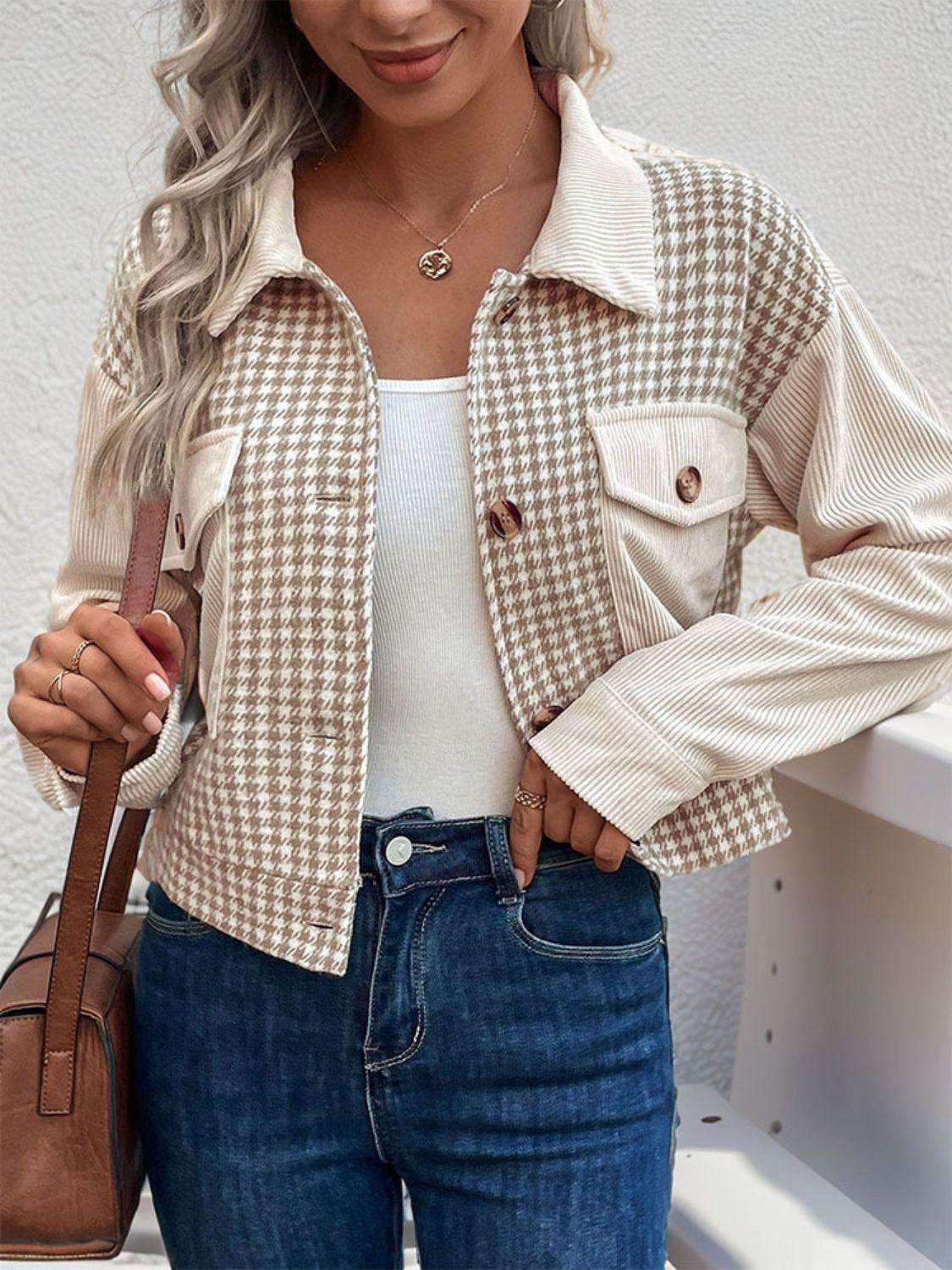 Perfee Pocketed Houndstooth Long Sleeve Jacket for Women - Selvanelle