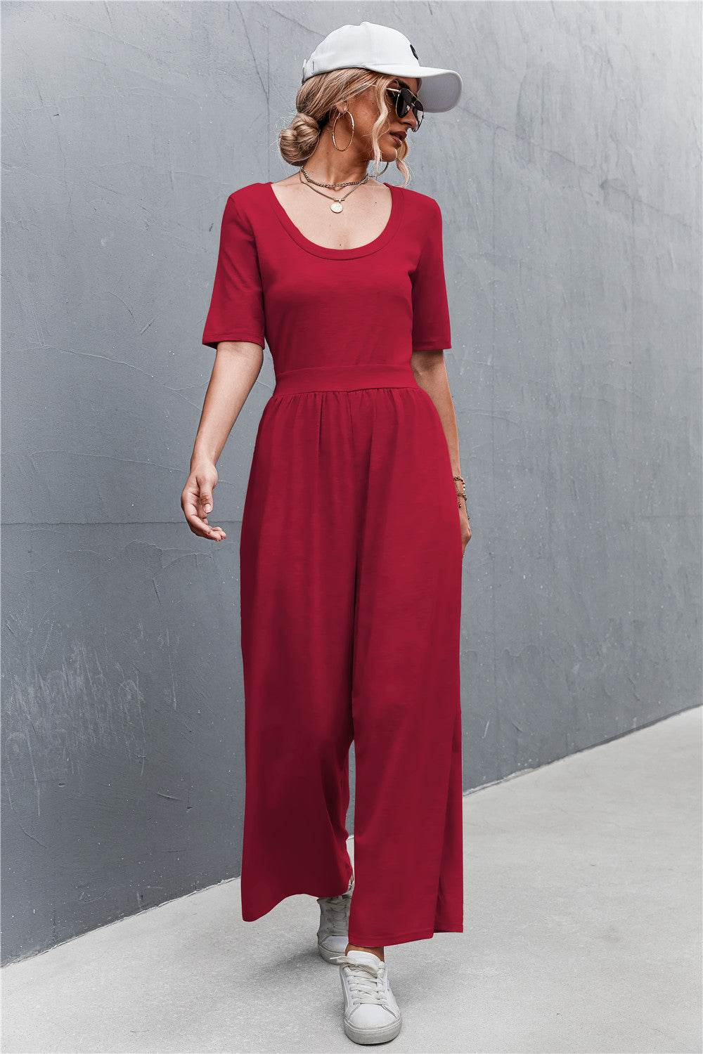 Scoop Neck Half Sleeve Wide Leg Jumpsuit - Selvanelle