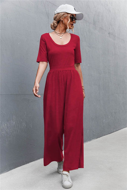 Scoop Neck Half Sleeve Wide Leg Jumpsuit - Selvanelle