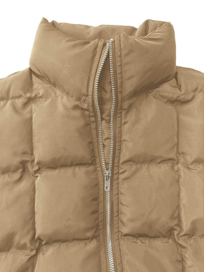 Pocketed Plaid Quilted Zip Up Winter Coat for Women - Selvanelle