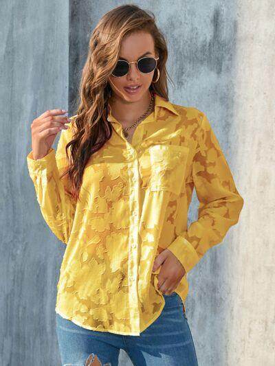 Full Size Collared Neck Long Sleeve Shirt Plus Size Women - Selvanelle