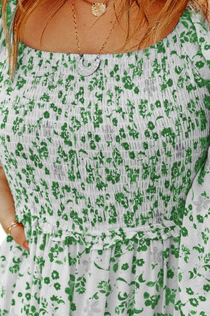 Smocked Floral Square Neck Balloon Sleeve Dress - Selvanelle