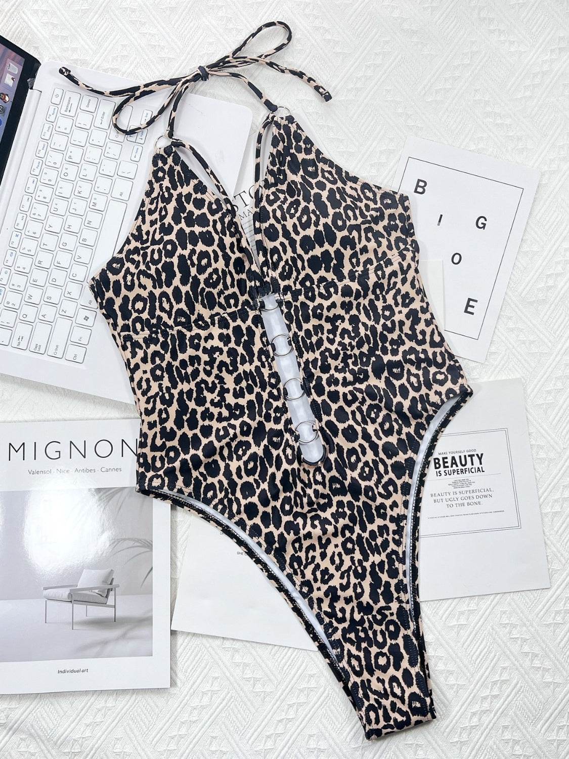 Leopard Cutout Halter Neck One-Piece Swimwear - Selvanelle