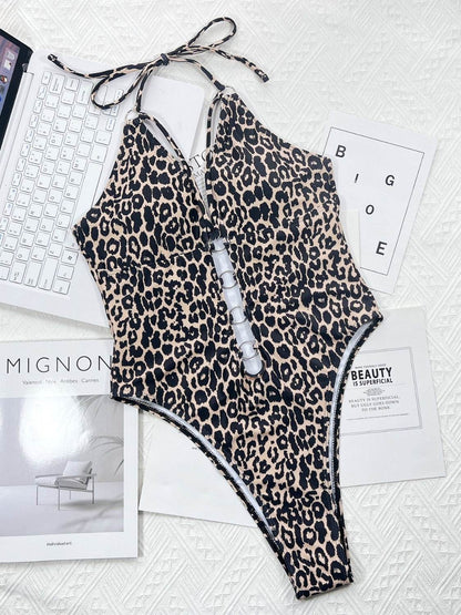 Leopard Cutout Halter Neck One-Piece Swimwear - Selvanelle