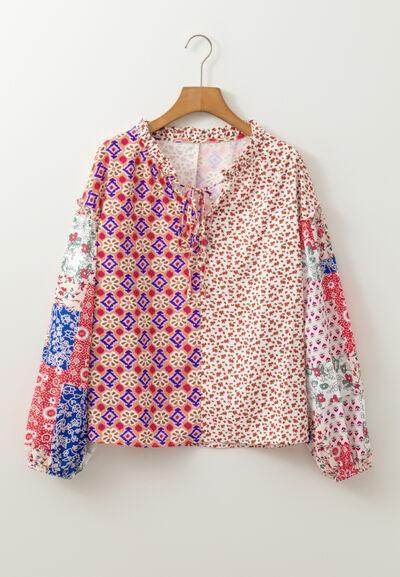 Printed Tie Neck Long Sleeve Blouse for Women Fashion - Selvanelle