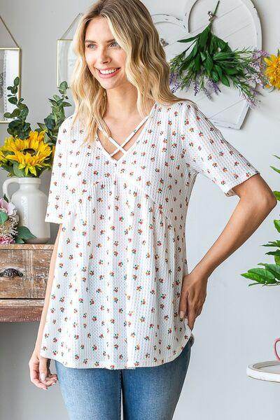 Heimish Full Size Crisscross Ditsy Floral Babydoll Top Plus Size - Selvanelle