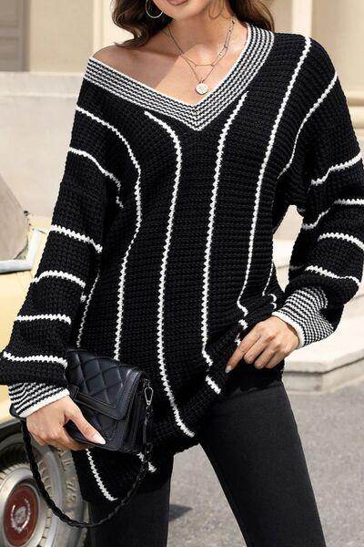 Striped V-Neck Long Sleeve Sweater for Women Fashion - Selvanelle
