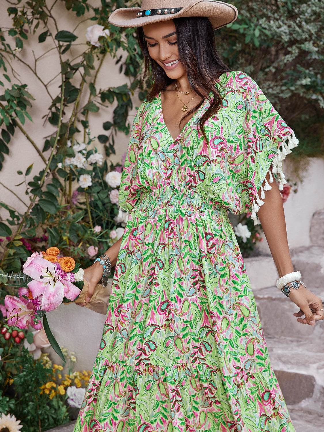 Smocked Floral V-Neck Short Sleeve Dress - Selvanelle