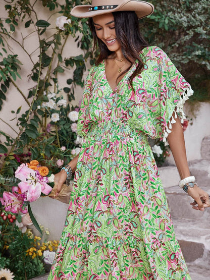 Smocked Floral V-Neck Short Sleeve Dress - Selvanelle