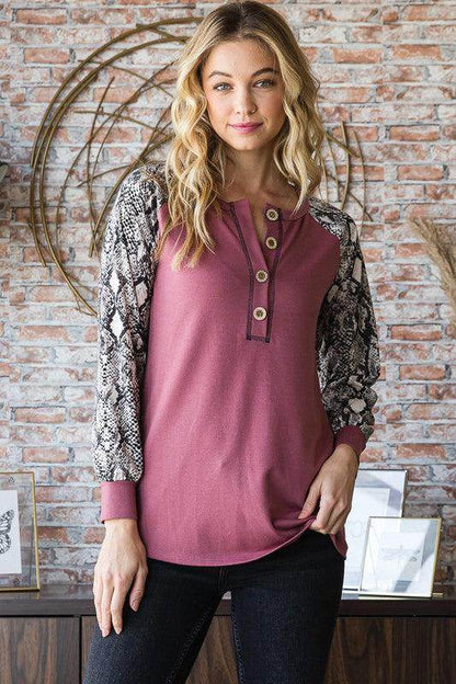 Heimish Full Size Snakeskin Print Half Button Top - Selvanelle
